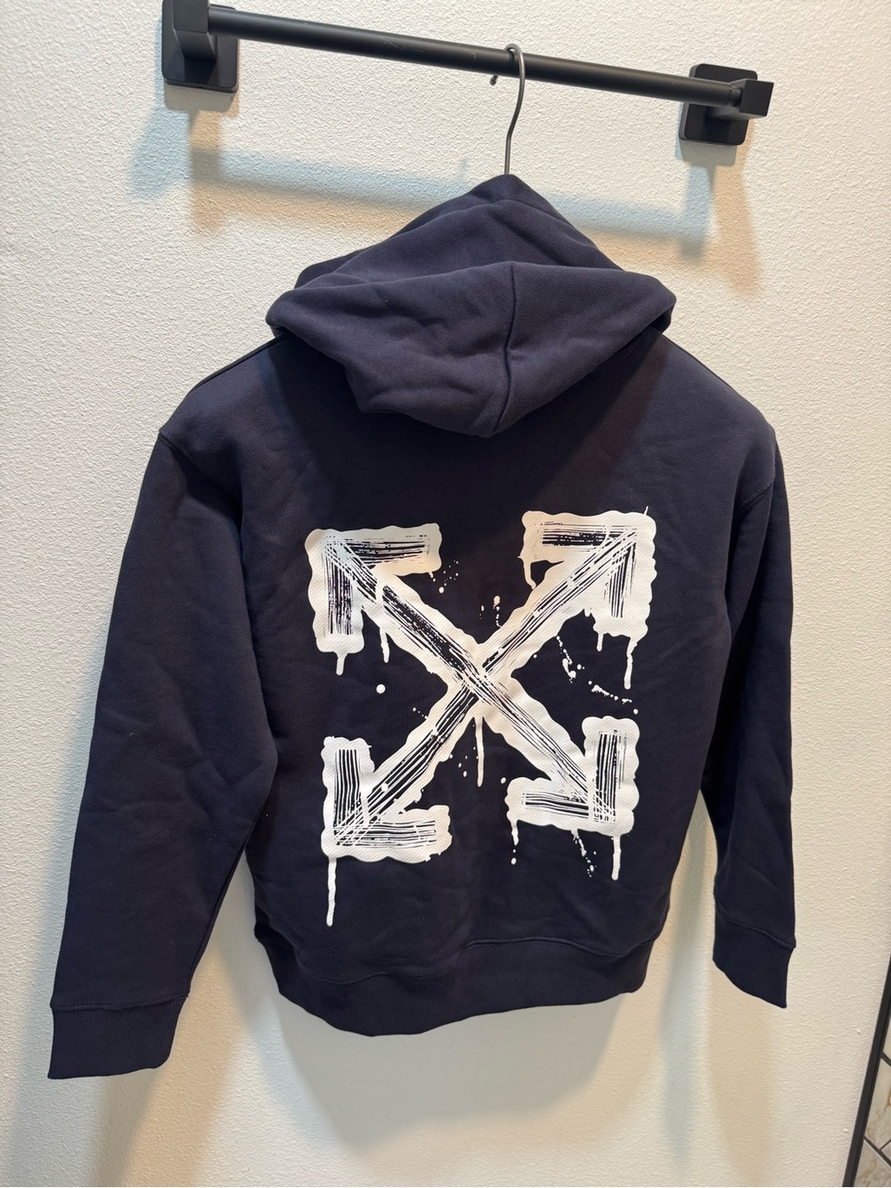 Off-White Navy Kid's Hoodie with Yellow Tags and Orange Toggle